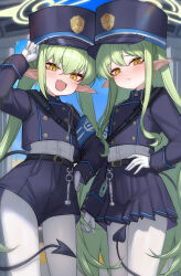 2girls :t absurdres armband black_hat black_jacket black_shorts black_skirt blue_archive blue_armband buttons commentary_request demon_tail double-breasted fang gloves green_hair green_halo halo hat highres hikari_(blue_archive) jacket kiyoi_(gyhw8444) looking_at_viewer multiple_girls nozomi_(blue_archive) pantyhose peaked_cap pleated_skirt pointy_ears shirt shorts siblings skin_fang skirt tail white_gloves white_pantyhose white_shirt yellow_eyes