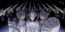 1boy artist_name brown_hair commentary_request gundam gundam_gquuuuuux gyan_(gquuuuuux) highres holding holding_polearm holding_weapon horocca lance looking_at_viewer mecha mecha_focus mecha_pilot_suit mobile_suit normal_suit_(gundam) one-eyed pink_eyes polearm robot science_fiction shield space twitter_username weapon xavier_olivette zeon