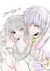 Rule 34 | 1boy, 1girl, black hair, blush, commentary, fangs, fingernails, halterneck, hashtag-only commentary, highres, holding, holding leash, kpop demon hunters, leash, long fingernails, mystery (kpop demon hunter), one eye closed, open mouth, purple hair, simple background, sm8mmmm, smile, symbol-only commentary, twitter username, white background, zoey (kpop demon hunters)