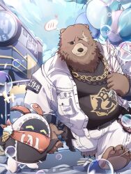 1boy 1other animal_ears balloon bangboo_(zenless_zone_zero) bear_boy bear_ears ben_bigger black_shirt black_tank_top blush brown_fur bubble captjimmy1218 closed_eyes closed_mouth commentary english_commentary eous_(zenless_zone_zero) fat fat_man furry furry_male highres holding holding_balloon holding_hands holding_ice_cream_cone ice_cream_cone jacket looking_at_another neckerchief non-humanoid_robot orange_neckerchief pants rabbit_ears robot scar scar_across_eye scar_on_face shirt smile speech_bubble spoken_blush tank_top white_jacket white_pants zenless_zone_zero