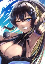 Rule 34 | 1girl, absurdres, bare shoulders, black dress, black gloves, black hair, blonde hair, blue eyes, breasts, cleavage, dress, fingerless gloves, fujisaki subaru, gloves, goddess of victory: nikke, grin, high ponytail, highres, holding, holding microphone, large breasts, looking at viewer, microphone, mole, mole on breast, multicolored hair, noise (nikke), one eye closed, ponytail, smile, solo, two-tone hair, upper body