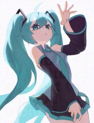 1girl :&lt; adversarial_noise ahoge aqua_eyes aqua_hair aqua_necktie bare_shoulders between_breasts black_skirt black_sleeves breasts collared_shirt cowboy_shot detached_sleeves grey_shirt hair_between_eyes hair_ornament hand_up hatsune_miku highres long_hair looking_up miniskirt necktie necktie_between_breasts open_hand shirt skirt sleeveless sleeveless_shirt small_breasts solo twintails very_long_hair vocaloid watermark white_background xjsbca