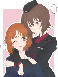 Rule 34 | ..., 2girls, black hat, black jacket, blue jacket, brown eyes, brown hair, commentary, dress shirt, garrison cap, girls und panzer, grimace, hat, heart, highres, hug, hug from behind, insignia, jacket, kuromorimine military uniform, light blush, long sleeves, looking at another, military hat, military uniform, multiple girls, nekounko, nishizumi maho, nishizumi miho, one eye closed, ooarai military uniform, outline, pink background, red shirt, shirt, short hair, siblings, sisters, smile, spoken ellipsis, spoken heart, symbol-only commentary, translated, white outline, wing collar