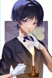 1boy absurdres alternate_costume black_jacket black_sleeves blunt_ends border candle candlelight candlestand collared_shirt eyelashes eyeliner eyeshadow finger_to_mouth genshin_impact glove_in_mouth glove_pull gloves grey_vest hands_up highres holding_candlestand jacket looking_at_viewer makeup male_focus mouth_hold nero_hanken open_clothes open_jacket purple_eyes purple_hair red_eyeliner red_eyeshadow scaramouche_(genshin_impact) shirt short_sleeves solo suit_jacket vest white_border white_gloves white_shirt wispy_bangs