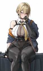 1girl absurdres bed black_gloves black_pants blonde_hair borrowed_clothes breasts cluhob earrings evelyn_chevalier gloves high-waist_pants highres jacket jewelry large_breasts mole mole_under_eye necktie on_bed open_clothes open_jacket pants purple_eyes shirt sitting solo tight_clothes tight_pants white_shirt wide_hips wise_(zenless_zone_zero) zenless_zone_zero