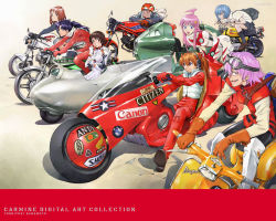 6+girls akira_(manga) artist_name ayanami_rei bicycle blouse bodysuit cosplay crossover flcl goggles goggles_on_head hair_between_eyes haruhara_haruko helmet honda interface_headset_(evangelion) kaneda_shoutarou&#039;s_bike katsuragi_misato konno_makoto layered_sleeves long_sleeves mecha_pilot_suit motor_vehicle motorcycle multiple_girls neon_genesis_evangelion on_motorcycle plugsuit_(evangelion) ponytail racing sadamoto_yoshiyuki samejima_mamimi scooter shirt short_over_long_sleeves short_sleeves souryuu_asuka_langley sport_bike toki_wo_kakeru_shoujo top_wo_nerae!_(series) top_wo_nerae_2! vehicle_request vespa white_shirt