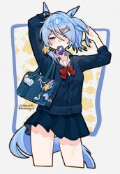 Rule 34 | 1girl, animal charm, animal ears, arms up, bag, bag charm, blue cardigan, blue eyes, blue hair, blue scrunchie, blue skirt, blush, bow, bowtie, cardigan, charm (object), chinese commentary, commentary request, cropped legs, dated, hair ornament, hair over one eye, hair tie in mouth, hairclip, highres, horse ears, horse girl, horse tail, k.s.miracle (umamusume), looking at viewer, mixed-language commentary, mouth hold, red bow, red bowtie, saramiao-chan, school uniform, scrunchie, short hair, shoulder bag, skirt, solo, star (symbol), star hair ornament, tail, twitter username, tying hair, umamusume