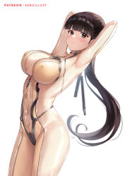 1girl armpits arms_behind_head artist_name black_hair blunt_bangs bodysuit breasts brown_bodysuit brown_eyes covered_erect_nipples eve_(stellar_blade) impossible_bodysuit impossible_clothes large_breasts long_hair looking_at_viewer ponytail sebu_illust skin_suit_(stellar_blade) skin_tight stellar_blade very_long_hair white_background