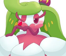 1girl blowing_kiss blush colored_skin crown gen_7_pokemon green_hair highres long_hair mechspazer mini_crown monster_girl multicolored_skin nintendo one_eye_closed plant_girl pokemon pokemon_(creature) pokemon_focus purple_eyes purple_skin solo swept_bangs tri_tails tsareena two-tone_skin white_skin