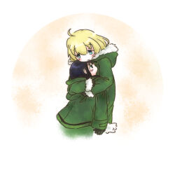 2girls ahoge black_gloves black_hair blonde_hair blue_eyes chito_(shoujo_shuumatsu_ryokou) fur-trimmed_jacket fur_trim gloves green_jacket haru_kano hug jacket long_hair long_sleeves multiple_girls shoujo_shuumatsu_ryokou upper_body yuuri_(shoujo_shuumatsu_ryokou)