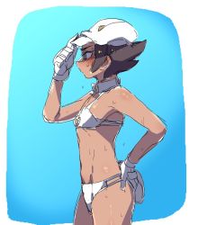 Rule 34 | 1boy, adapted costume, aether foundation employee, aether foundation employee (male), bikini, blue background, blush, newsboy cap, cowboy shot, dark-skinned male, dark skin, gloves, gogogo (noon midday), grey eyes, hand on own hip, hat, male focus, nintendo, npc trainer, pokemon, pokemon sm, short hair, simple background, sketch, sweat, swimsuit, white gloves