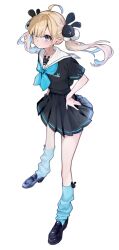 1girl ahoge black_sailor_collar black_skirt blonde_hair blue_bow blue_eyes blush bow closed_mouth commentary_request enomoto_nao full_body hair_bow highres loafers long_hair original pleated_skirt revision sailor_collar school_uniform serafuku shoes short_sleeves skirt socks solo standing twintails white_background white_sailor_collar