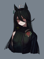Rule 34 | 1girl, ahoge, artist name, black hair, black jacket, black sweater, breasts, closed mouth, ear tag, earrings, floral print, green background, hair between eyes, highres, jacket, jewelry, long bangs, long hair, long hair between eyes, manhattan cafe (umamusume), mujintou png, multicolored hair, open clothes, open jacket, ribbed sweater, shaded face, simple background, single earring, single off shoulder, sleeveless, sleeveless sweater, small breasts, smile, solo, sweater, turtleneck, turtleneck sweater, umamusume, very long hair, white hair
