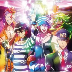 Rule 34 | 5boys, androgynous, bald, bandage over eye, bandages, black hair, blonde hair, blue eyes, cigarette, constricted pupils, cuffs, disco ball, everyone, facial tattoo, frown, green hair, grin, hair ornament, hair over one eye, happy, hat, heterochromia, highres, jewelry, juugo (nanbaka), long hair, looking at another, looking at viewer, male focus, microphone, multicolored hair, multiple boys, muscular, nail polish, nanbaka, necklace, necktie, nico (nanbaka), number tag, official art, open mouth, pink hair, prisoner, purple hair, red eyes, red hair, rock (nanbaka), scar, shackles, sharp teeth, short hair, sidelocks, smile, sparkle, striped, sugoroku hajime, tank top, tattoo, teeth, tongue tattoo, torn clothes, trap, two-tone hair, uno (nanbaka), yellow eyes