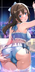 Rule 34 | 1girl, artistic error, ass, bad anatomy, blue eyes, brown hair, grabbing own ass, highres, looking at viewer, love live!, love live! nijigasaki high school idol club, osaka shizuku, osaka shizuku (odaiba beach girl), ponytail, shiitake taishi, solo, wrong hand