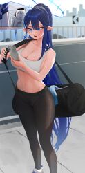 1boy 1girl absurdres bag bare_arms bare_shoulders black_bag black_pants blue_archive blue_eyes blue_hair blush breasts cellphone cleavage doodle_sensei_(blue_archive) hair_between_eyes highres holding holding_bag holding_phone large_breasts long_hair navel onbawa open_mouth pants phone pointy_ears ponytail rin_(blue_archive) sensei_(blue_archive) shoes sidelocks smartphone sports_bra stomach teeth upper_teeth_only white_shoes white_sports_bra