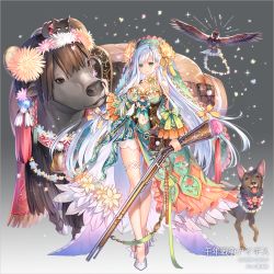 1girl animal bird black_cat bow braid breasts bull cat cleavage diera_(sennen_sensou_aigis) dog female_focus floral_print flower flower_necklace full_body green_bow green_eyes grey_background gun hair_bow holding holding_gun holding_weapon jewelry long_hair looking_at_viewer medium_breasts navel necklace orange_bow saddlebags sennen_sensou_aigis solo standing thigh_strap very_long_hair watermark weapon white_footwear white_hair yuasa_akira