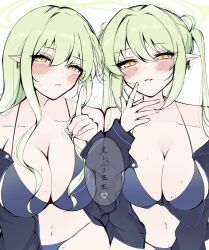 2girls absurdres aged_up alternate_costume bikini black_jacket blue_archive blue_bikini blush breasts cleavage green_hair hayato_hoshi604 highres hikari_(blue_archive) jacket large_breasts long_hair long_sleeves looking_at_viewer multiple_girls nozomi_(blue_archive) pointing pointing_up pointy_ears sidelocks swimsuit twintails very_long_hair yellow_eyes