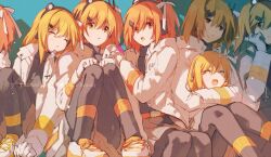6+girls a.i._voice adachi_rei black_pantyhose blue_background clone closed_eyes closed_mouth disembodied_head feet_out_of_frame fuyuki_eru hair_between_eyes hair_ribbon head_on_another&#039;s_shoulder headlamp holding_detached_head knees_to_chest looking_at_viewer multiple_expressions multiple_girls open_mouth orange_eyes orange_hair pantyhose radio_antenna ribbon shoes side_ponytail simple_background sitting sleeping smile sneakers utau white_ribbon white_shoes