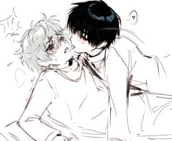 2boys alien_stage black_eyes black_hair blush collar french_kiss full-face_blush green_eyes grey_hair heart highres ivan_(alien_stage) kiss koinurin long_sleeves male_focus multiple_boys pants red_pupils saliva saliva_trail shirt short_hair shota simple_background sketch sweat till_(alien_stage) white_background white_collar white_pants white_shirt yaoi