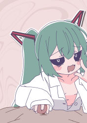 1boy 1girl :3 absurdres aqua_hair black_sclera blush_stickers breasts colored_sclera commentary_request drooling hatsune_miku hetero highres loli long_hair long_sleeves looking_at_viewer mesugaki mimukauwa_nice_try_(vocaloid) mouth_drool navel oishi_kuwagata open_mouth outline paid_reward_available penis pov pov_crotch shirt sleevejob small_breasts twintails vocaloid white_outline white_shirt