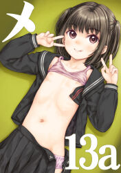 1girl :q black_hair black_serafuku blush bra bra_lift brown_eyes commentary_request double_v flat_chest focke_wulf highres loli looking_at_viewer navel nipples open_clothes open_shirt original school_uniform serafuku skirt smile solo tongue tongue_out underwear v