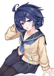Rule 34 | 1girl, ahoge, black hair, black skirt, blue eyes, blue hair, brown cardigan, cardigan, crossed bangs, floom (zeal fool), grey sailor collar, headphones, highres, looking at viewer, pantyhose, plaid clothes, plaid sailor collar, princess connect!, sailor collar, school uniform, sheffy (princess connect!), sheffy (real) (princess connect!), short hair, simple background, sitting, skirt, solo, white background