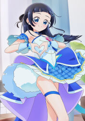 1girl aokaze_nana arched_bangs armpits bad_tag bare_legs bare_shoulders blue_bow blue_dress blue_eyes blue_hair blue_wrist_cuffs bow brooch bubble_skirt choker closed_mouth collar commentary cosplay cowboy_shot cure_wink cure_wink_(cosplay) curtains detached_collar detached_sleeves dress hair_bun hair_ornament heart heart_brooch heart_hands highres idol_heart_brooch indoors jewelry kimi_to_idol_precure knee_up long_hair looking_at_viewer magical_girl plaid_bow plaid_clothes plaid_dress plaid_sleeves pleated_dress precure ribbon_choker self_cosplay single_hair_bun skirt smile solo split_mouth standing straight_hair strapless strapless_dress thigh_strap tiler_(tiler00) white_collar window wrist_cuffs x_hair_ornament