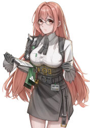 1girl armor black_gloves black_skirt closed_mouth cowboy_shot dress_shirt glasses gloves hair_between_eyes high-waist_skirt highres john_(pixiv_66722607) long_hair looking_at_viewer pencil_skirt shirt shoulder_armor sidelocks simple_background skirt solo standing tsukishiro_yanagi white_background zenless_zone_zero