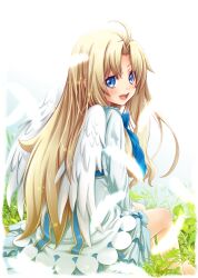 1girl :d @hina ahoge ass barefoot between_legs bird_wings blonde_hair blue_bow blue_dress blue_eyes blush bow chest_bow child commentary_request dress feathered_wings filo_(tate_no_yuusha_no_nariagari) hair_between_eyes hair_intakes hand_between_legs highres long_hair long_sleeves looking_at_viewer looking_back open_mouth outdoors simple_background sitting smile solo tate_no_yuusha_no_nariagari toe_scrunch two-tone_dress very_long_hair white_background white_dress white_wings wings