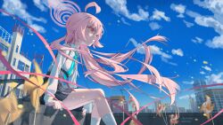 1girl ahoge blue_archive blue_necktie blue_sky city facing_to_the_side halo heterochromia hoshino_(blue_archive) huge_ahoge jojeshi long_hair looking_to_the_side necktie pink_hair pink_halo plaid_clothes plaid_skirt pleated_skirt scenery shirt sitting skirt sky solo white_shirt