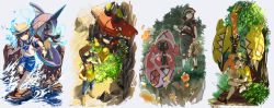 alternate_costume boater_hat commentary_request eating elio_(pokemon) gen_7_pokemon highres legendary_pokemon male_focus natsuno_hamuto nintendo nose_piercing nose_ring piercing pokemon pokemon_(creature) pokemon_sm sitting tapu_bulu tapu_fini tapu_koko tapu_lele