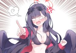 1girl anger_vein angry bikini black_bikini black_hair black_jacket black_wings blue_archive blush breasts eyewear_on_head feathered_wings halo highres ichika_(blue_archive) ichika_(swimsuit)_(blue_archive) jacket karikura_(atatata71) long_hair low_wings medium_breasts o-ring o-ring_bikini o-ring_top official_alternate_costume pointing red_halo solo sunglasses swimsuit upper_body wings
