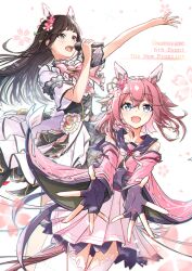2girls :d animal_ears black_gloves black_hair blue_eyes bow bowtie brown_eyes brown_hair cherry_blossoms commentary_request copyright_name detached_sleeves ear_covers fake_animal_ears fingerless_gloves flower from_side gloves hair_between_eyes hair_flaps hair_flower hair_ornament highres holding holding_microphone horse_ears horse_girl horse_tail long_hair looking_at_viewer microphone mole mole_under_eye multiple_girls noguchi_ruriko open_mouth outstretched_arm pink_bow pink_bowtie purple_hair real_life ribbon-trimmed_sleeves ribbon_trim sakura_chiyono_o_(umamusume) sarasuty skirt smile tail trailblazer_bash!_(umamusume) umamusume voice_actor_connection white_skirt