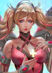 1girl alternate_hairstyle bare_shoulders blonde_hair blue_background blue_eyes breasts cowboy_shot criss-cross_halter dress eyelashes female_focus fingernails hair_between_eyes hair_ribbon halo halterneck lips looking_at_viewer mechanical_halo mechanical_wings medium_breasts mercy_(overwatch) nail_polish official_alternate_costume overwatch overwatch_1 pink_dress pink_lips pink_mercy pink_nails pink_ribbon portrait ribbon serafleur sleeveless smile solo twintails wings