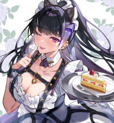 1girl absurdres animal_ear_hairband animal_ears asymmetrical_dress bell black_hair blunt_bangs braid cake cake_slice cat_ear_hairband cat_ears chest_harness chest_tattoo detached_collar dress ear_chain earrings embarrassed eyeshadow fake_animal_ears food hairband harness high_ponytail highres holding holding_plate jewelry jingle_bell linked_piercing long_hair looking_at_viewer maid maid_headdress makeup meloco_kyoran meloco_kyoran_(2nd_costume) multicolored_hair multiple_earrings nijisanji nijisanji_en non-web_source official_alternate_costume one_eye_closed piercing pink_eyes pink_eyeshadow plate ponytail purple_hair saucer side_braid source_request spider_web_tattoo streaked_hair tattoo very_long_hair