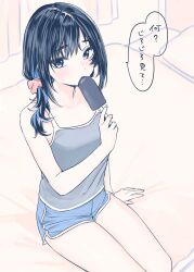 1girl bed black_hair blue_eyes blue_hair blue_shorts blush camisole commentary_request dolphin_shorts food goshiki_suzu hair_ornament hair_scrunchie highres holding holding_food holding_popsicle looking_at_viewer multicolored_hair on_bed original popsicle scrunchie short_shorts shorts sitting solo speech_bubble sweatdrop thighs translation_request