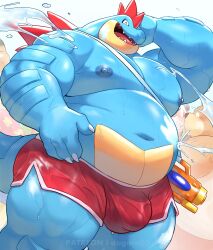 1boy artist_name bara belly bulge claws dogoronumber3 fangs fat fat_man feraligatr furry furry_male gen_2_pokemon highres male_focus navel nintendo nipples open_mouth pokemon pokemon_(creature) red_shorts shorts songkran topless_male water_gun watermark wet
