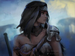 angel_(halfheartxi) armor black_hair black_headdress blurry blurry_background brown_eyes dark-skinned_female dark_skin elden_ring highres looking_afar nepheli_loux shoulder_armor solo upper_body