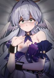 1girl bare_shoulders breasts chain dress earrings feathered_wings glasses green_eyes grey_hair head_wings honkai:_star_rail honkai_(series) hototogisu_(7kanu_7ra) imminent_rape jewelry looking_at_viewer lying medium_breasts nipples on_back on_bed restrained robin_(honkai:_star_rail) solo tears upper_body white_dress wings