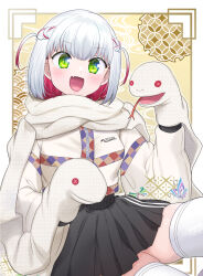 1girl 2025 :d black_skirt blush braid brown_scarf brown_sweater button_eyes buttons chinese_zodiac colored_inner_hair commentary_request fang gradient_hair green_eyes hand_puppet highres kakizato long_sleeves looking_at_viewer miniskirt multicolored_hair nengajou new_year open_mouth original puppet red_hair scarf short_hair sitting skin_fang skindentation skirt slit_pupils smile snake_puppet solo sweater tareme thighhighs two-tone_hair white_hair white_thighhighs year_of_the_snake zettai_ryouiki