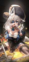 1girl absurdres adarin alternate_costume animal_ear_piercing animal_ears aqua_eyes ascot bare_shoulders belt between_legs bicorne black_hat black_jacket blue_ascot blue_jacket braid breasts bright_pupils brooch brown_belt cleavage coin commentary detached_collar double-parted_bangs eyepatch fox_ears fox_girl fox_tail fur-trimmed_gloves fur_trim gloves gold_coin grey_skirt hair_between_eyes hand_between_legs hat highres holding holding_coin hololive jacket jewelry lace lace-trimmed_thighhighs lace_trim lapels large_breasts legs_apart long_hair looking_at_viewer low_ponytail miniskirt notched_lapels off_shoulder open_mouth pirate_hat planted planted_sword planted_weapon pleated_skirt ponytail saber_(weapon) shirakami_fubuki shirt side_braid single_braid sitting skirt sleeveless sleeveless_shirt solo striped_clothes striped_thighhighs sukonbu_(shirakami_fubuki) sword tail thighhighs treasure_map twitter_verified_checkmark two-sided_fabric two-sided_jacket virtual_youtuber weapon white_gloves white_hair white_pupils white_shirt