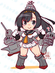 Rule 34 | 1girl, akizuki (kancolle), artist logo, black hair, black headband, black sailor collar, boots, chou-10cm-hou-chan, chou-10cm-hou-chan (akizuki&#039;s), clothes writing, corset, dated, grey boots, grey eyes, headband, headgear, kantai collection, kutone shirika, logo, long hair, looking at viewer, miniskirt, neckerchief, orange neckerchief, ponytail, sailor collar, sailor shirt, school uniform, serafuku, shirt, simple background, skirt, smile, solo, standing, two-tone gloves, watermark, white background, white skirt