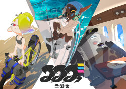 1boy 2girls aircraft airplane bag barefoot bicycle big_man_(splatoon) blue_hair boat closed_eyes collarbone cup dark-skinned_female dark_skin fangs frye_(splatoon) full_body hair_over_one_eye multiple_girls nintendo official_art open_mouth pants plate pointy_ears red_eyes riding riding_bicycle shiver_(splatoon) sitting smile splatoon_(series) splatoon_3 tank_top teacup tentacle_hair tray water watercraft yoga_pants
