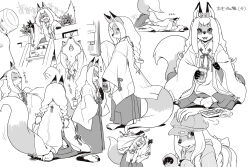 1girl beer_can body_fur braid can commentary_request drink_can fox_girl furry furry_female greyscale hakama hakama_pants holding holding_skewer japanese_clothes kikurage_(crayon_arts) kimono long_hair miko monochrome multiple_views original pants simple_background skewer tail translation_request twin_braids white_background