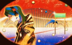 1other 3d_background abstract abstract_background billboard black_border black_hair blue_hair border closed_eyes dolphin faux_retro_artstyle from_side gradient_clothes gradient_hair headphones highres hood hoodie iridescent multicolored_hair orb original other_focus round_border round_image science_fiction snowflake_print surreal teardrop umisida upper_body x