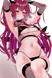 1girl acedia alternate_costume arm_behind_head armpits arms_up black_bra black_gloves black_panties black_thighhighs blue_eyes blush bra breasts breath commentary commentary_request crossed_legs detached_wings double-parted_bangs elbow_gloves english_commentary gloves gradient_background grin groin hair_between_eyes halo heterochromia highleg highleg_panties highres hololive hololive_english irys_(hololive) long_hair looking_at_viewer medium_breasts navel paid_reward_available panties pointy_ears purple_eyes purple_hair sidelocks single_thighhigh smile solo stomach thigh_strap thighhighs underwear very_long_hair virtual_youtuber wings