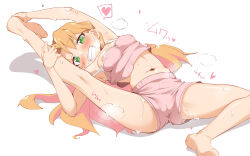 Rule 34 | 1girl, barefoot, breasts, camisole, clip studio paint (medium), commentary, covered erect nipples, green eyes, highres, kneepits, long hair, looking at viewer, medium breasts, navel, nekono matatabi, nipples, orange hair, parted lips, pink camisole, pink shorts, ruri no houseki, shorts, solo, sound effects, speech bubble, strap slip, symbol-only commentary, tanigawa ruri