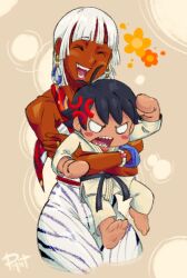2girls anger_vein angry annoyed barefoot belt black_belt black_hair blush bracelet carrying carrying_person clenched_hand dark-skinned_female dark_skin dougi earrings elena_(street_fighter) fangs floral_background flower grabbing_from_behind jewelry karate_gi makoto_(street_fighter) multiple_girls pants peppermint_aa red_scarf scarf sharp_teeth short_hair smile street_fighter street_fighter_6 striped_clothes teeth tomboy white_hair white_pants
