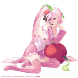 1girl bare_shoulders boots breasts cherry_hair_ornament collared_shirt commentary_request detached_sleeves eyes_visible_through_hair food-themed_hair_ornament full_body hair_ornament hand_up hatsune_miku headphones headset highres kani_biimu long_hair long_sleeves necktie official_art parted_lips pink_boots pink_hair pink_necktie pink_skirt pink_sleeves pleated_skirt purple_eyes sakura_miku shirt simple_background skirt sleeveless sleeveless_shirt small_breasts solo thigh_boots very_long_hair vocaloid white_background white_shirt wide_sleeves
